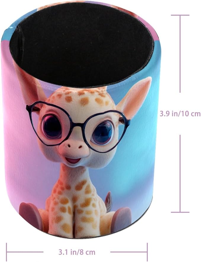 Leather Pen Holder for Desk, Cartoon Giraffe Makeup Brushes Holder Pencil Cup Multifunctional Desktop Organizer Caddy for Home School Office Desk Accessories