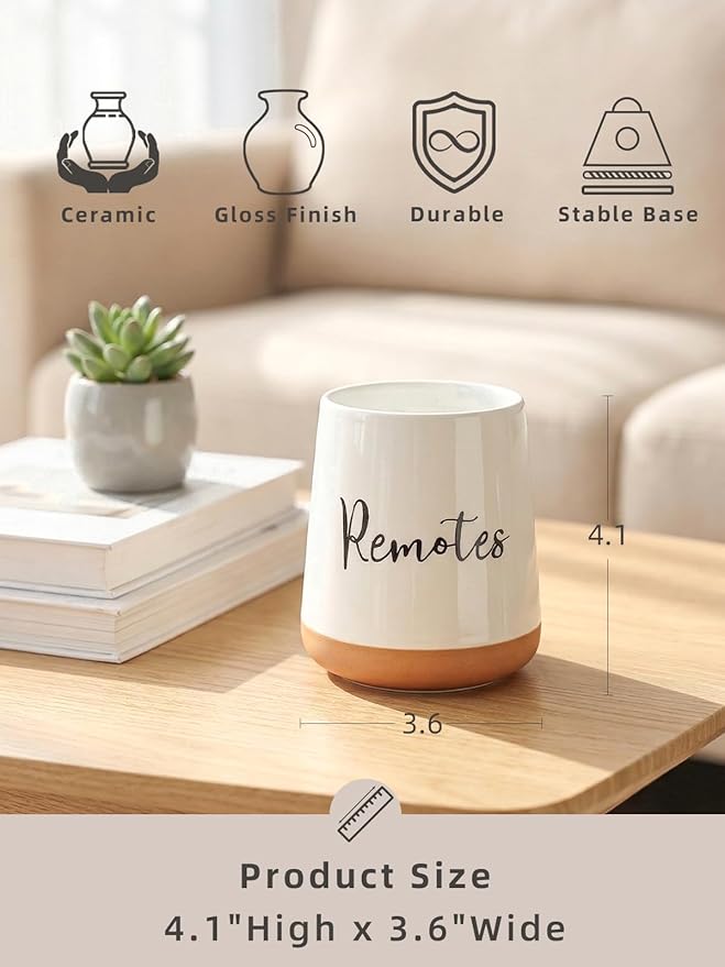 LEETOYI Ceramic Bedside Remote Caddy, 4.1" Remote Control Holder for Makeup Brushes & Office Supplies, Farmhouse Remote Organizer for Table, Living Room, Bedroom & Office
