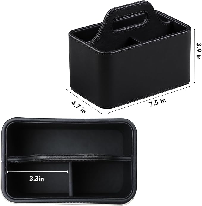 Caddy Organizer with Handle, PU Leather Remote Control Holder Desk Caddy, Portable Makeup Remote Organizer for Table, Nightstand, Office (Black)
