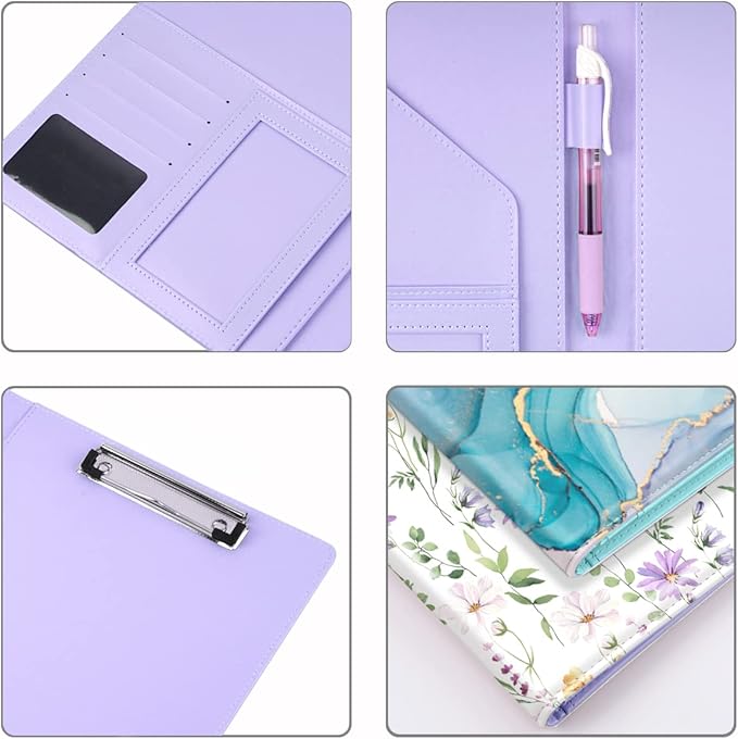 WAVEYU Padfolio Portfolio Folder, Faux Leather Interview Resume Legal Pad with Document Organizer & Business Card Holder, Professional Work Padholder with Pen Loop Clipboard for Women, White Flower