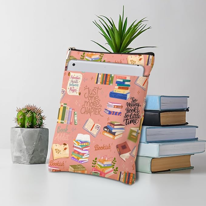 Pink Bookish Book Sleeve, Book Lovers Gifts Sleeve with Zipper & Front Pocket, 11.4x8.8 Inch Canvas Books Cover Protector Bookish Gifts for Readers Librarian Women Teacher