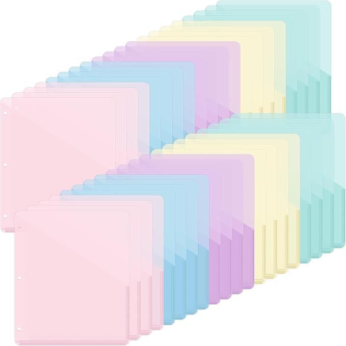 Maitys 50 Pack Binder Pockets 3 Hole Punch Clear Plastic Document Folders Binder Organizer Store Letter Size 8.5x11 Inch Paper Folders with Pockets Slash File Jacket for Office (Macaron Color)