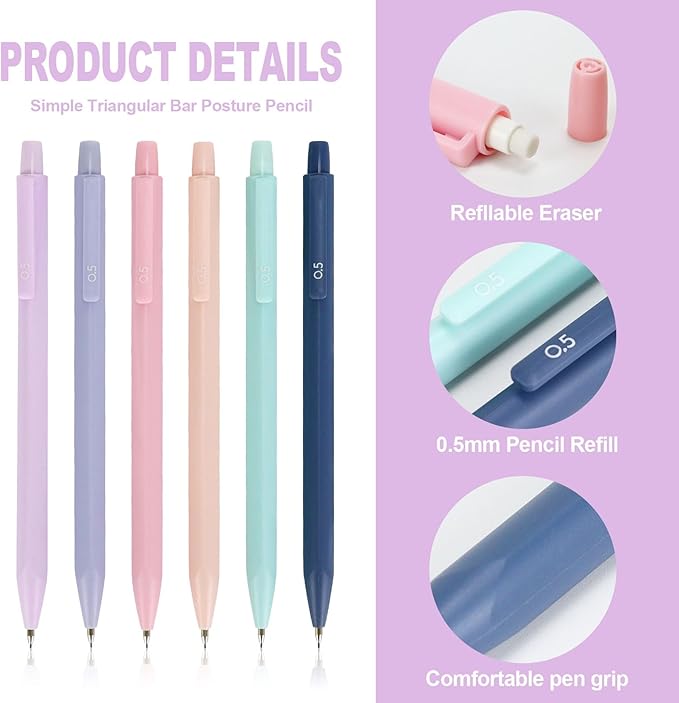 Mechanical Pencil Set - 6PCS 0.5mm Cute Pastel Mechanical Pencils, 2Push-Pull Retractable Eraser with 80PCS HB 0.5 Lead Refill and Clear Zipper bag Pencil Kit for Art, Drawing Pencils for Sketching