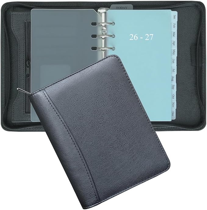 Fan&Ran 2026-2027 Zipped Planner Organizer, Weekly and Monthly Refills with Simulated Leather Cover, Personal Size, Black