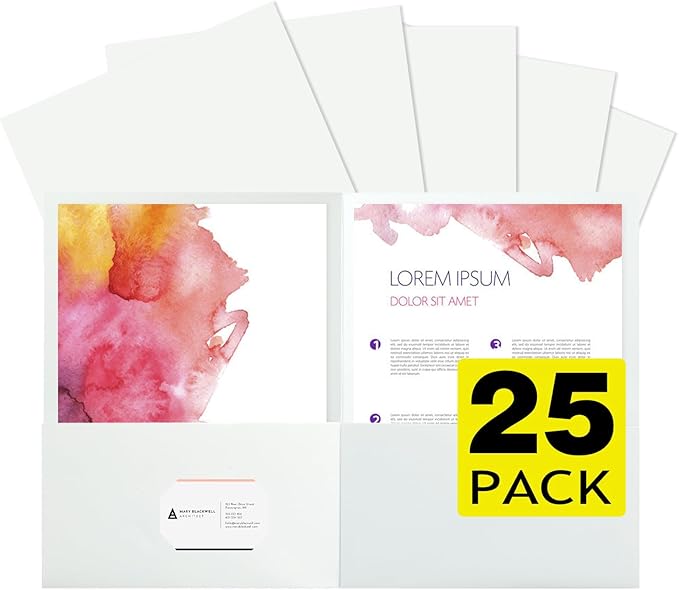 pmybupo 25Pcs White File Folders with Pockets and Business Card Holder,2 Pocket Folders for School,Home or Office,Durable Heavy Duty File Folders
