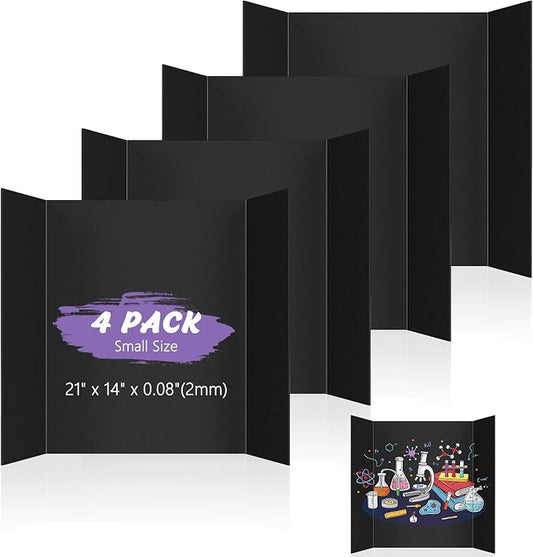 AKONEGE 4 Pack Small Trifold Poster Board 21" x 14" Tri Fold Poster Boards Black Corrugated Cardboard Project Boards for Presentations, School Projects, Science Fair, Exhibition Event Display