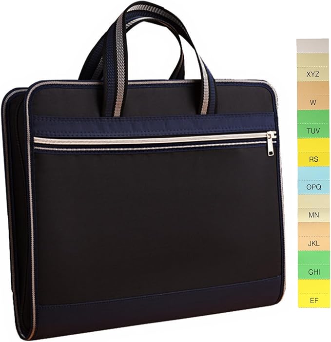 Canvas Expanding Files Organizer, Waterproof Accordion File Organizer with Color Labels, A4 Size,13 Pockets File Folders with Handle, Business Document Bag Briefcase Waterproof Fabric(Black)
