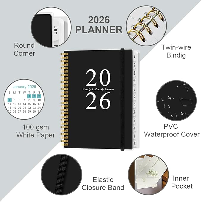 2026 Planner - Planner 2026 from January 2026 to December 2026 with 12 Monthly Tabs, Flexible Cover, Inner Pocket, 8.5" x 11", Black