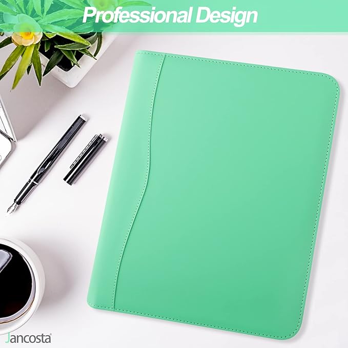1 Pack Business Padfolio Portfolio Binder, Faux Leather Folio Folder, Resume Legal Document Organizer with Letter Size Writing Notepads (New Mint Green 1 Pack)