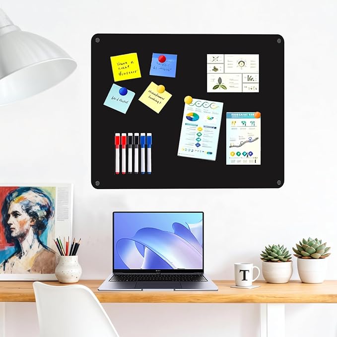 5 Pack Black Magnetic Board,17" x 11.8" Metal Magnet Bulletin Board to Display Magnetic Notes, Numbers, Poetry, Photos, Spice Jars, Suitable for Wall, Refrigerator, Include Magnetic Buckle & Screws