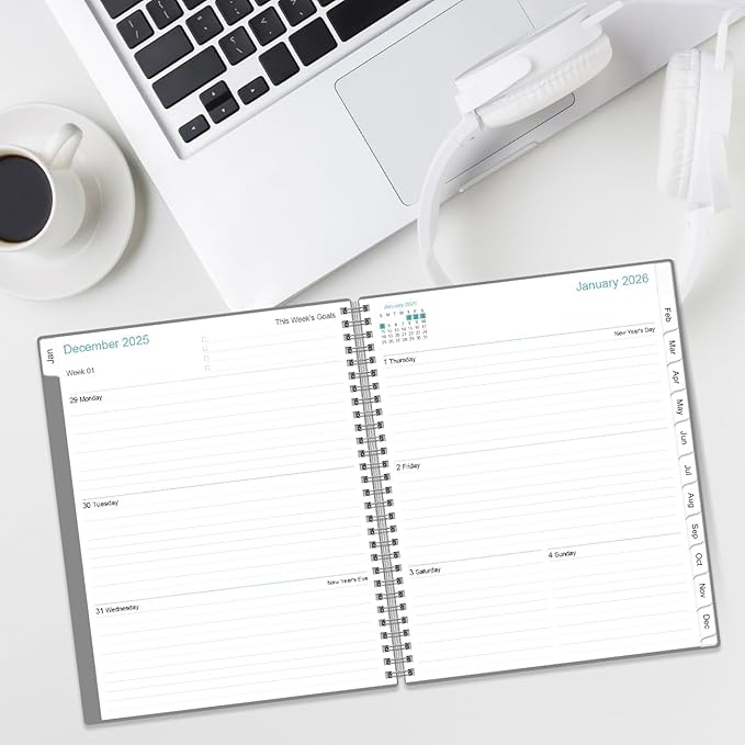 2026 Planner - Planner 2026 from January 2026 to December 2026 with 12 Monthly Tabs, Flexible Cover, Inner Pocket, 8.5" x 11", Grey-C