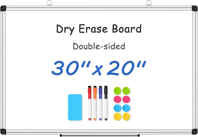 WALGLASS Double Sided White Board Dry Erase, 30''x20'' Magnetic Whiteboard for Wall with Aluminum Frame, Hanging Wall Mount Board for Home Office School Kitchen