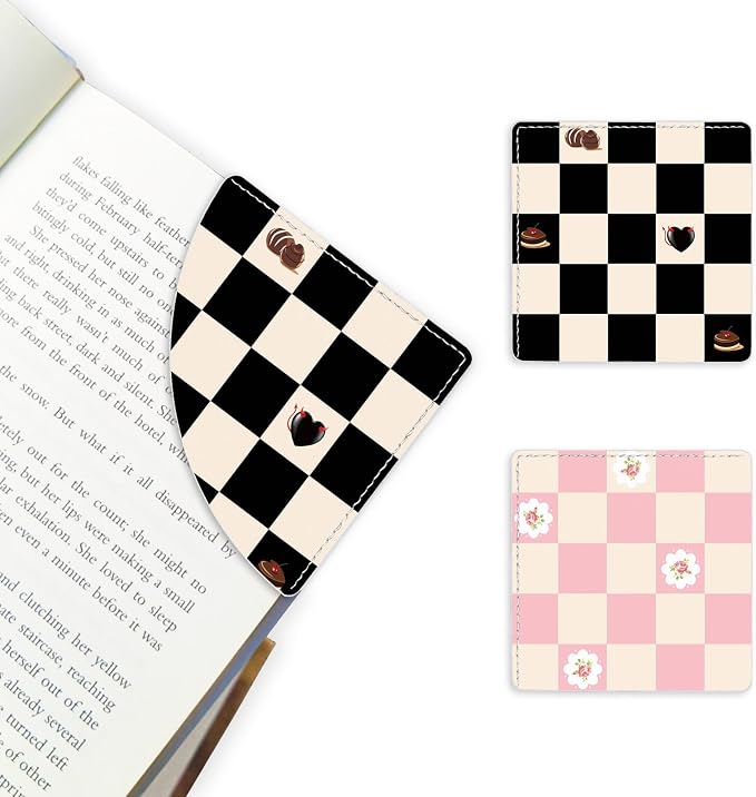 2 Pack Black and Pink Checkered Leather Book Corner Bookmark, Durable Handmade Reading Accessories - Gifts for Readers, Women, Men, Teachers, Students
