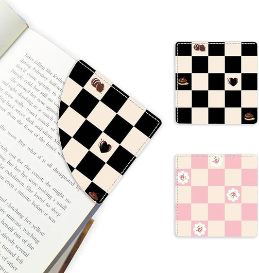 2 Pack Black and Pink Checkered Leather Book Corner Bookmark, Durable Handmade Reading Accessories - Gifts for Readers, Women, Men, Teachers, Students