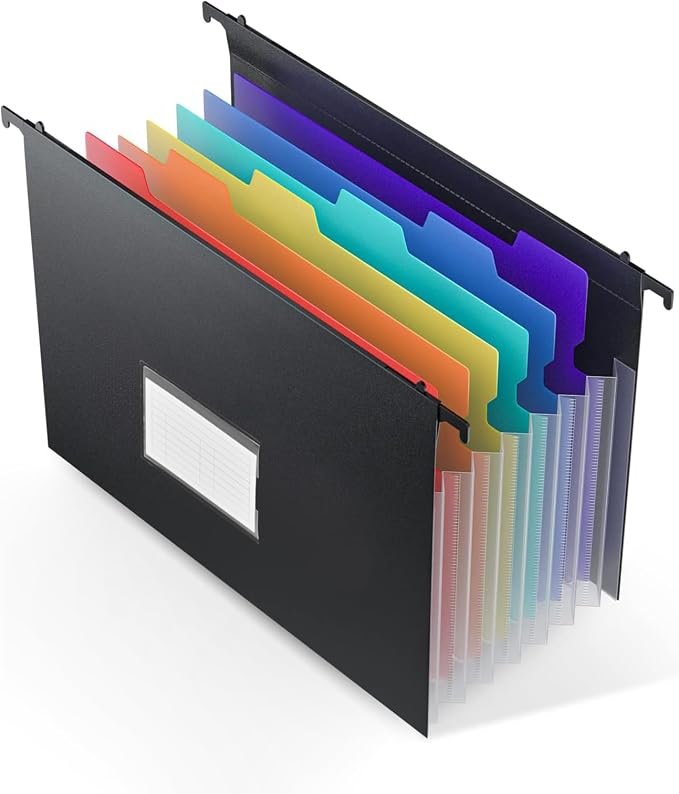 7 Pockets Expanding Hanging File Folders with Elastic Rope, Filing Cabinet Organizer with 1.2" Expansion, Drawer Folders Inserts with Tabs, Portable Dividers for Home Office School, A4 Size 1 Pack