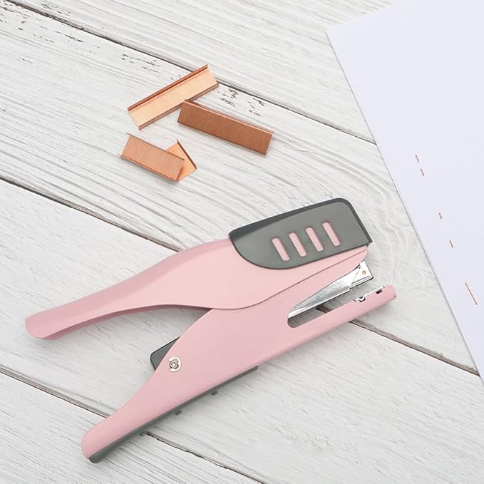 NatSumeBasics Plier Effortless Stapler & 1000 Rose Gold Staples, Handheld Stapler 45 Sheet Capacity Heavy Duty Manual Staplers for Office Accessories Supplies (Pink)