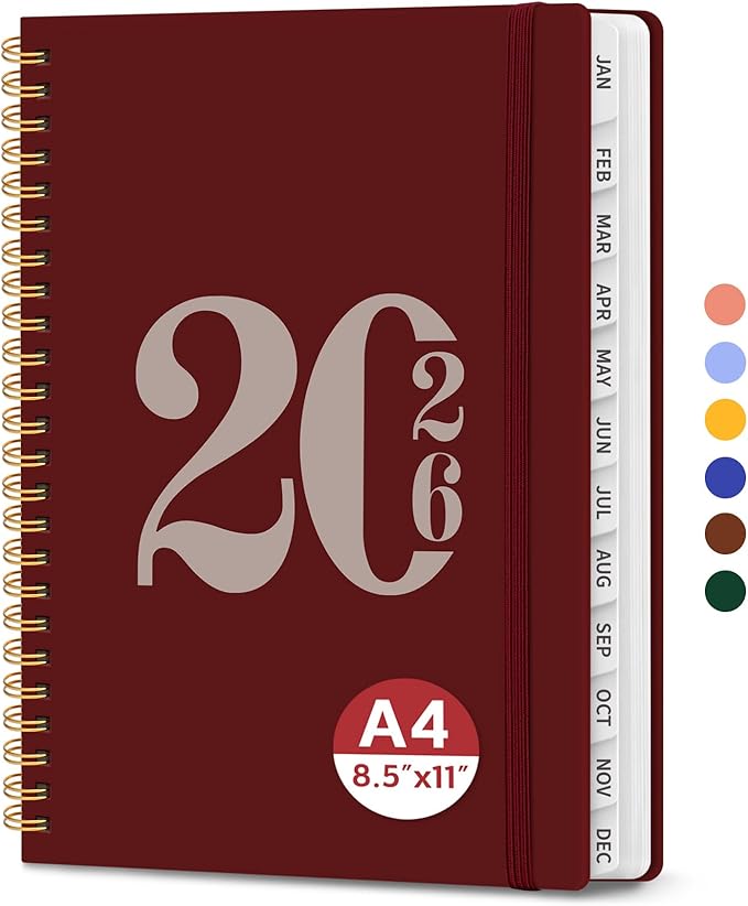 2026 Planner, Weekly and Monthly Calender Planner, Jan 2026 to Dec 2026, Hardcover 2026 Calendar Book with Tabs & Inner Pocket, Office Home School Supplies for Women & Men - A4 (8.5" x 11"), Burgundy