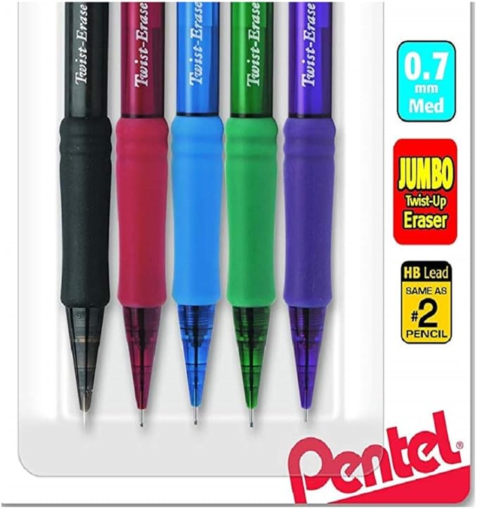 Pentel Twist-Erase Express Mechanical Pencil, (0.7mm), Medium Line, Assorted Fashion Colors, Pack of 5 (QE417FBP5M)