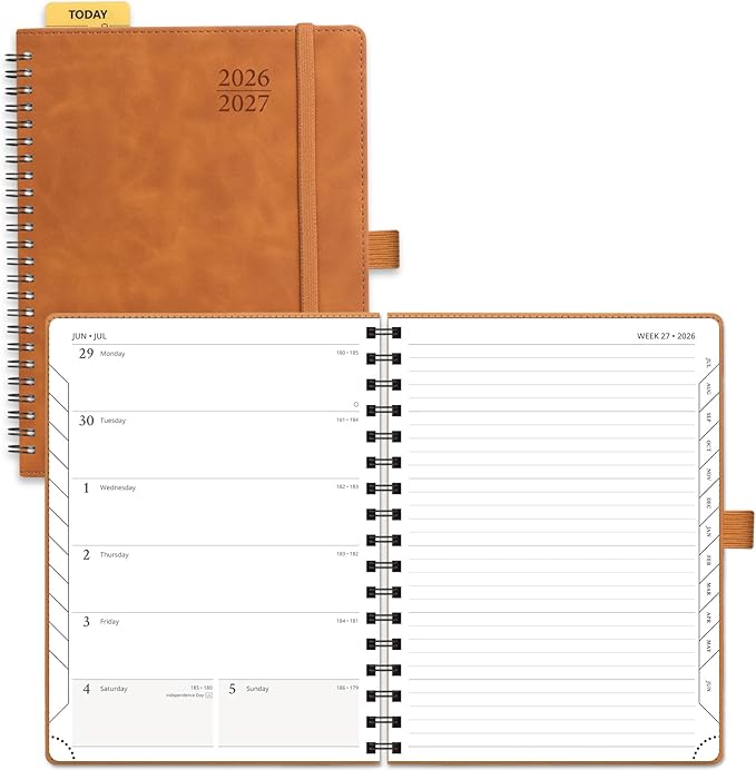 POPRUN Weekly Planner 2026-2027, 6.5" x 8.5", (July 26-June 27) Academic Weekly and Monthly Planner, Calendar Notebook 2026-2027 Agenda for School, College, Spiral Leather Softcover - Brown