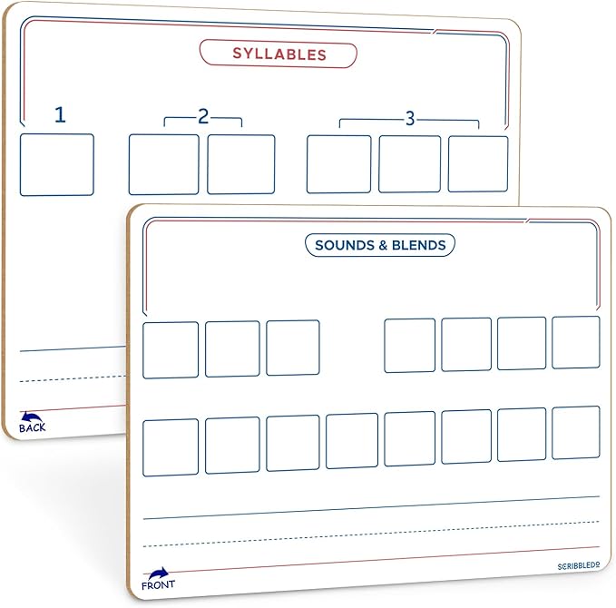 SCRIBBLEDO Elkonin Boxes Dry Erase Board 9x12 Inch Phonics Games Sounds and Blends Syllables Writing Practice Reusable Spelling Words Learn to Read and Write Homeschool & Classroom Supplies