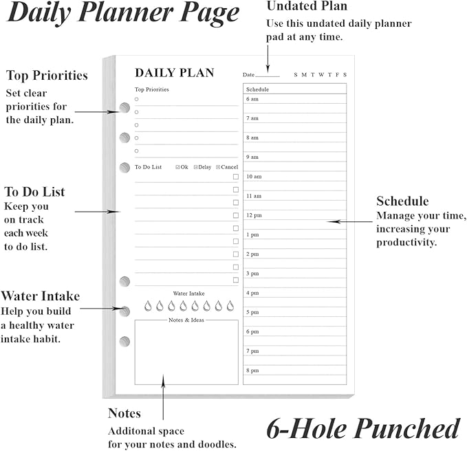 (3-Pack) Undated Daily Planner Refill - A5 To Do List Insert, 300 Sheets/600 Pages Planner and Lined Refill, 6-Hole Punched, 100 gsm White Paper, 5.8'' x 8.3''