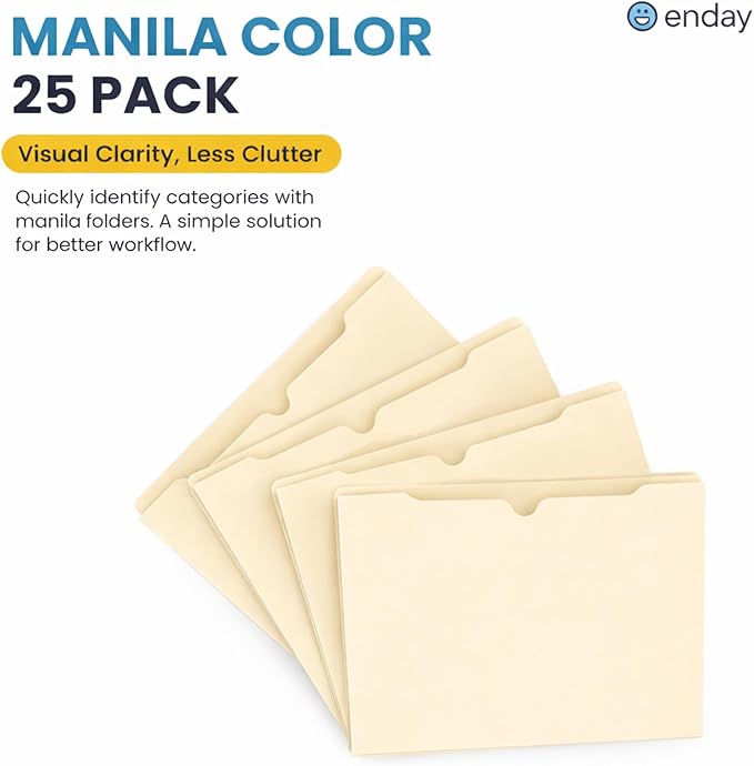 Enday Manilla Folders 8.5 x 11 (25 Pack) File Folders - Straight Cut Tab - Letter Size Jacket Folders for Home & Office, Pocket File Folders