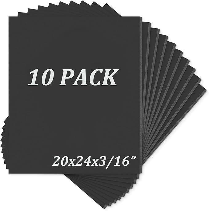 Mat Board Center, Pack of 10 Acid-Free Foam Boards, 20x24 inch Black Foam Boards, 3/16" Thick