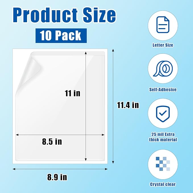 TOTiyea 10-Pack Clear Adhesive Pockets, Letter Size 8.5” x 11” Self-Stick Sheet Protectors for Classroom & Office, Waterproof, Wipe-Clean, Crystal Clear Document Holders (10)