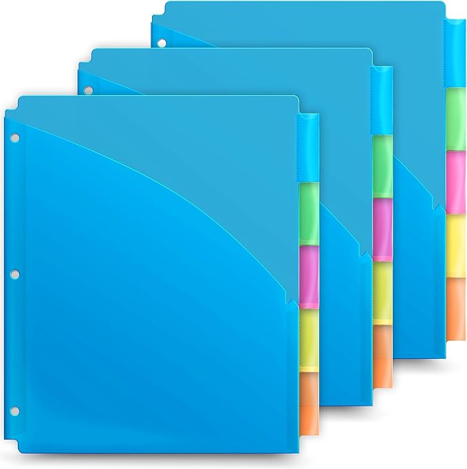 Dunwell Plastic Binder Pocket with 5 Tabs (3 Set, 15 Count), 5-Tab Dividers with 2 Pockets for 3-Ring Binder, Slash Pocket Dividers 3 Hole Punched, 5 Subject Divider Folder, Includes Label Inserts
