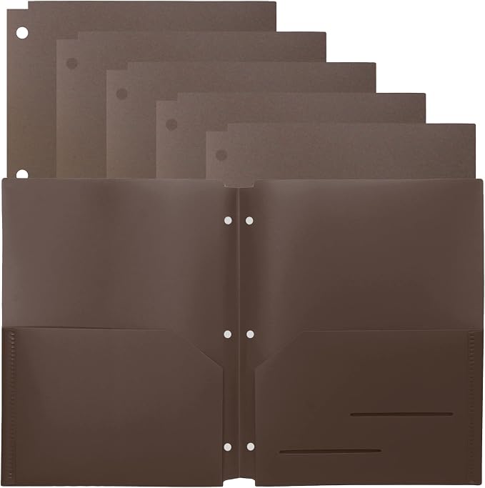Youngever 6 Pack Heavy Duty Plastic Two Pocket Folders, Binder Dividers with Pocket, 3 Hole Punch Folder with Notches, Binder Folders (Brown)