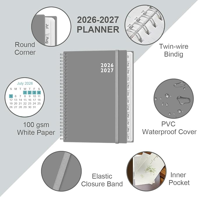 2026-2027 Planner - Planner 2026-2027 from July 2026 - June 2027 with 12 Monthly Tabs, Flexible Cover, Inner Pocket, 8.5" x 11", Grey-C