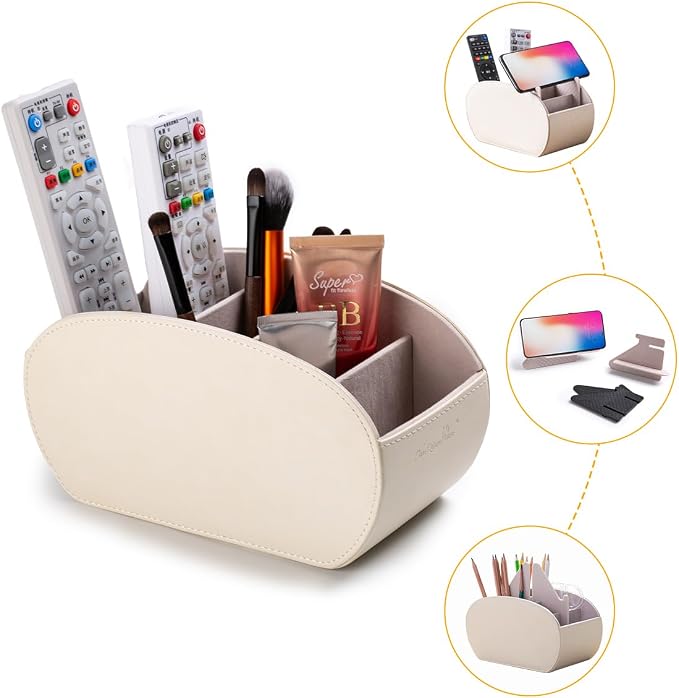 BONNY DODO PU Leather Multi-Functional Office Organizar Box Remote Control Holder Desk Storage Suppliers Caddy Table with 5 Compartment Store TV Remote, Brush, Pencil, Glasses, Media Player (Beige)