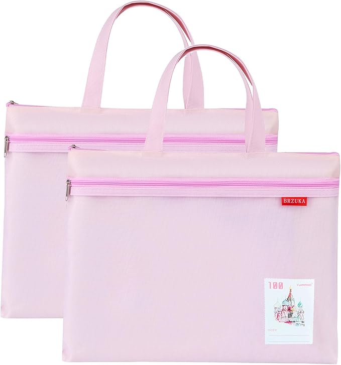 Mesh Zipper Pouch 11x13.7 in, A4 Double Pocket Waterproof File Bag with Handle, Document Storage for School/Travel/Office/Puzzle (Pink, 2pcs)