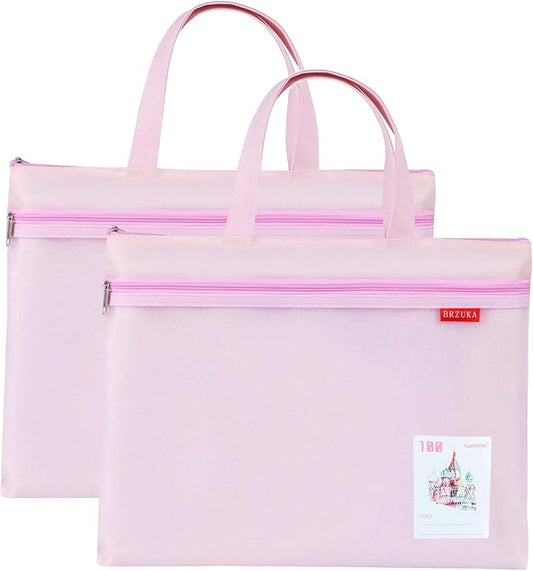 Mesh Zipper Pouch 11x13.7 in, A4 Double Pocket Waterproof File Bag with Handle, Document Storage for School/Travel/Office/Puzzle (Pink, 2pcs)