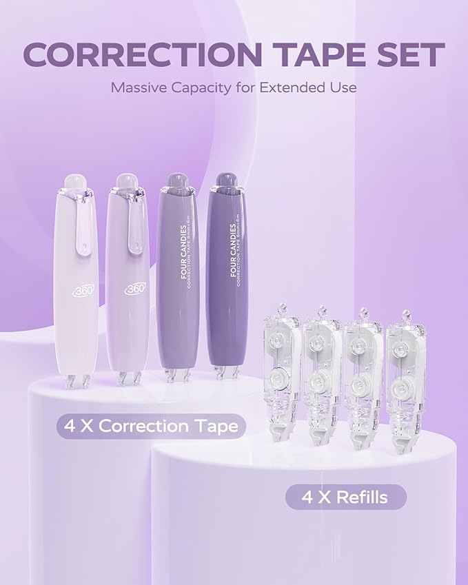 Four Candies Refillable Retractable White Correction Tape, 4PCS Smooth White Pull-Out Tape with 4 Extra Refills, Easy to Use Applicator for Instant Corrections for Office, School Supplies (Purple)
