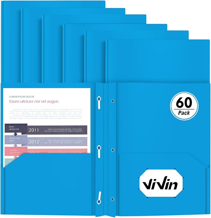 Heavy Duty Plastic Folder, 60 Pack, Pocket Folder with brads, Letter Size Poly File, Plastic Folders with 3 Prongs Fasteners - Sky Blue