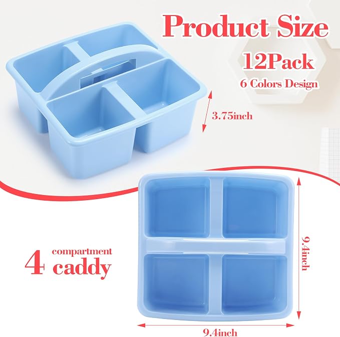 Lineshading 12 Pack Plastic Classroom Caddy - 4 Compartment Organizer Boho Color Table Caddy with Handles for School Home Office Supplies