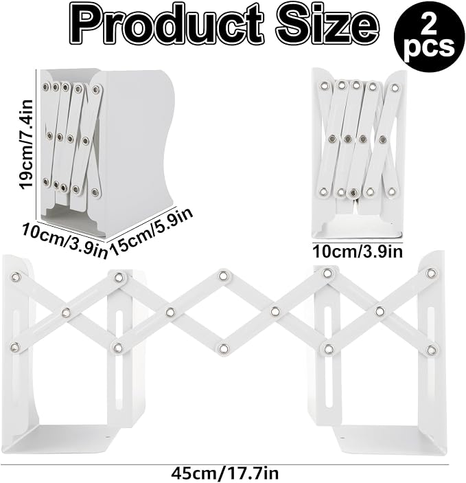 SHUESS 2 Pack Adjustable Bookends, Expandable Metal Book Holder With 2 Dividers, White Stoppers for Heavy Duty Books, Desk Ends for Shelves, Office & School