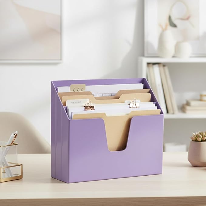 Acrimet Horizontal Triple File Folder Holder Organizer, Open Top Desktop Document Sorter for Letter Size Papers & Folders, Plastic (Solid Purple)