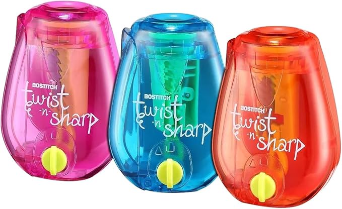 Bostitch Office Pencil Sharpener, Twist-N-Sharp, Easy Open Tray, Perfect for Kids, Works with Colored Pencils & Makeup Pencils, 3-Pack