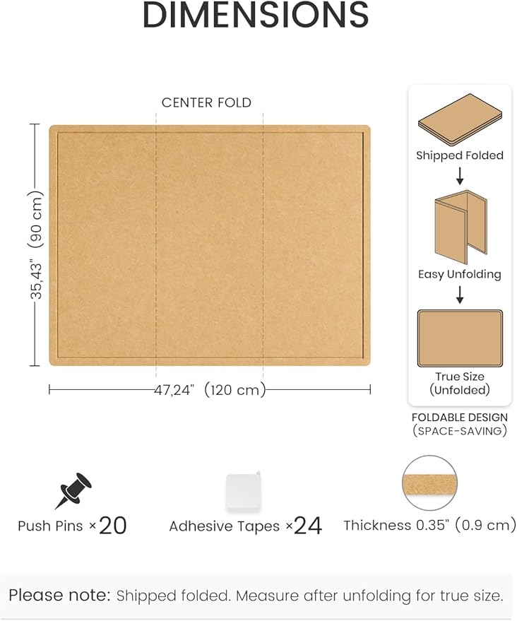 Fluxynara Bulletin Board,47.2" × 35.4" Cork Board Alternative with 24 Safe Removable Adhesive Tabs, Foldable Felt Pin Board for Home Office, Classroom, Bedroom,Entryway for Walls—Mustard Yellow