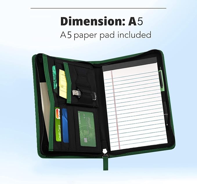 Lcjtop Junior Business Padfolio - A5 PU Leather Portfolio Binder & Zippered Binder Folder with 5 x 8 Writing Pad and Interior Storage Pocket Executive Business Organizer for Women,Dark Green