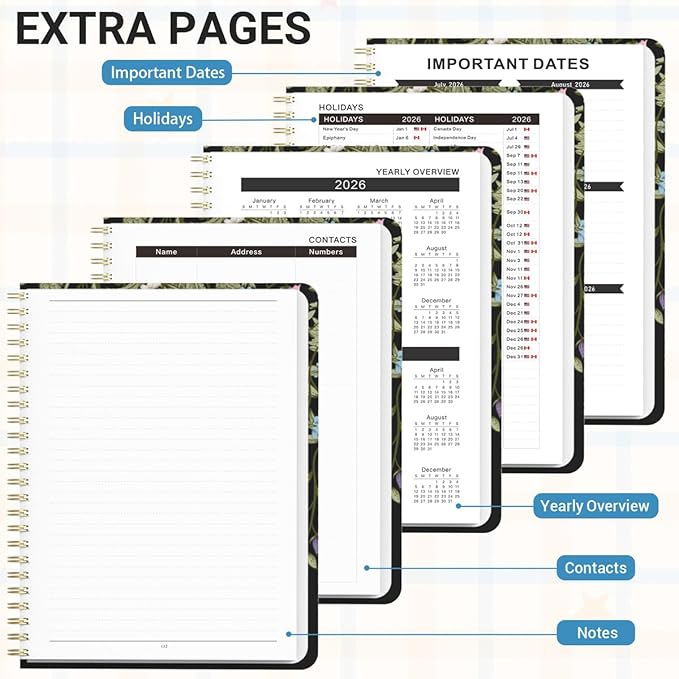Planner 2026, Weekly & Monthly Calendar Planner, January 2026 - December 2026, Hardcover Agenda Book with Tabs, A5 (6.3" x 8.5"), Daily Organizer Notebook for Student Teacher Office School Supplies, Wild Flowers