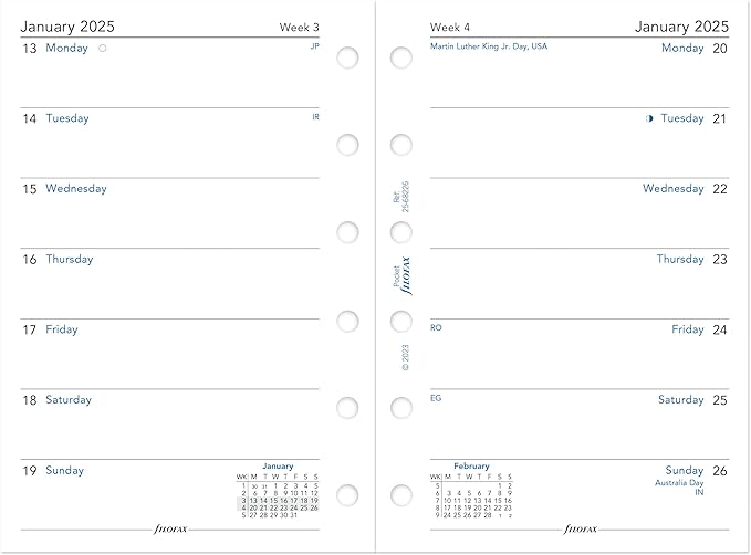 Filofax Calendar Diary Refill, Pocket Size, Week on One Page, White Paper, Unruled, English, 2025 (C68226-25)