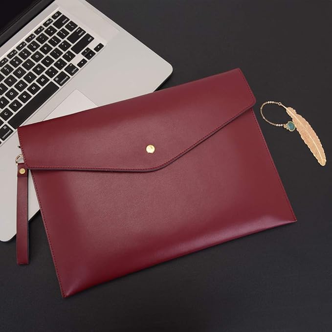 Wonderpool A4 Real Leather Multifunction Portfolio Envelope File Holder for Paper Document Stationery Organizer and Tablet Case PC Sleeve (Wine red)