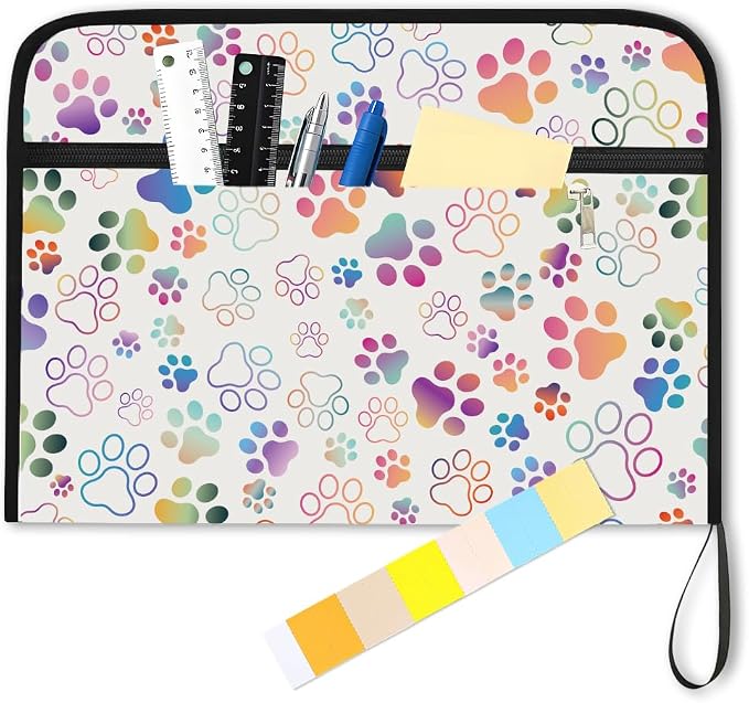 WEBEEDY Colorful Paw Prints Expanding File Folder 13 Pockets Cute Accordion File Organizer with Labels and Zipper, Portable Accordion Folder Paperwork Organiser for A4 Paper Document Photo Receipt