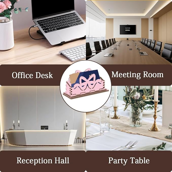 2Pcs Pink Bow Business Card Holder Desk 4.5 x 1.6 x 3.1 Inch Business Card Display Stand Cute Pink Bowknot Wooden Decorative Organizers for Office Desktop Home Room Tabletop Decorations