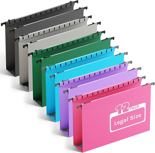 Ansook Legal Size Hanging File Folders Extra Capacity, Heavy Duty 2" Expandable Hanging Folder with Tabs,12 Pack Plastic Legal Size File Folders, File Cabinet Folders for Hanging File Folder Organizer