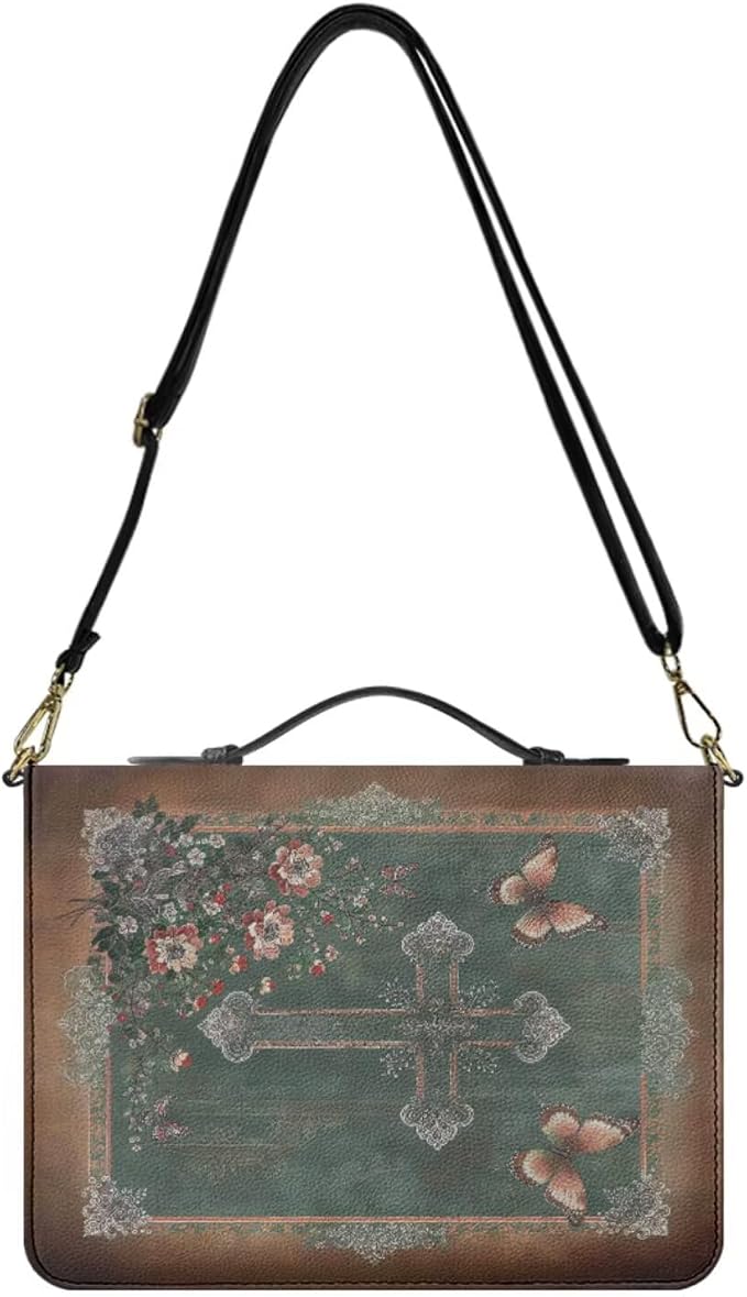 Bible Cover Case for Women, Green Bible Purse with Strap and Handle, Boho Crucifix Print PU Leather Biblia Organizer with Inner Pockets and Pen Loop, Church Bags for Women, XXL