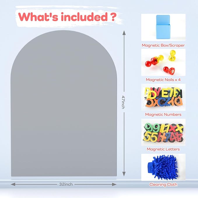 48x32 Magnetic Wall Decal Arch Shape -Black Chalkboard for Kids Playroom & Classroom Heavy Duty Magnetic Base for Building Tiles & Letters | Includes Liquid Chalks & Accessories (Grey)